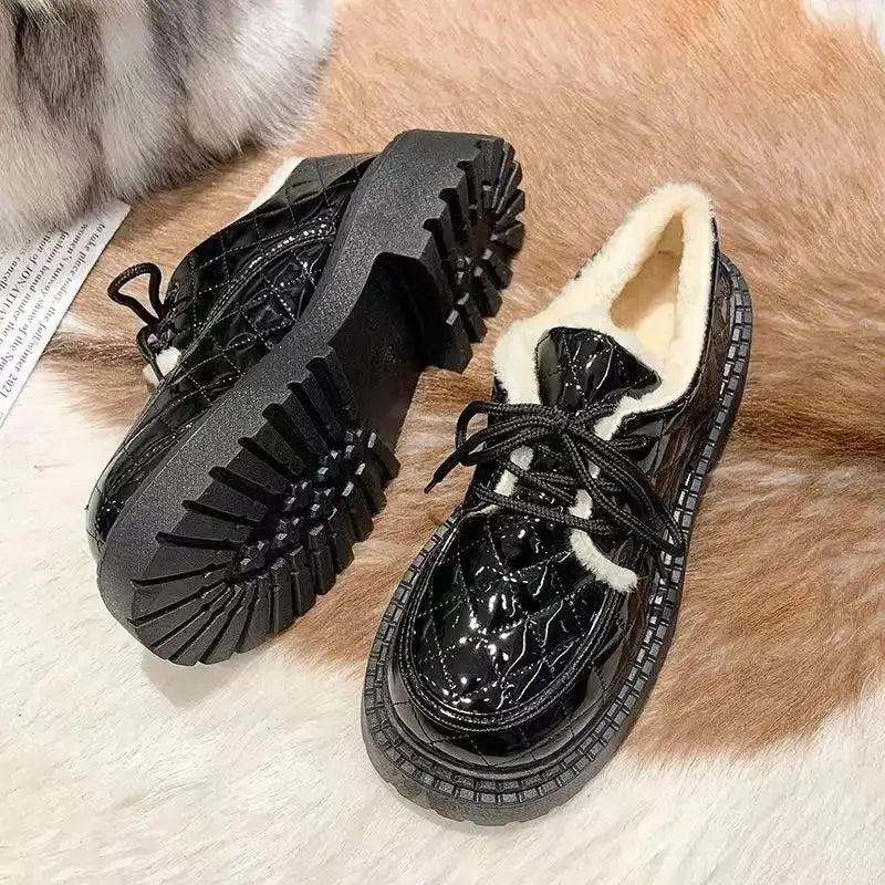 Stylish Lace - Up Furry Cotton Shoes with Thick Lining for Fashionable Women - EstaliosShop