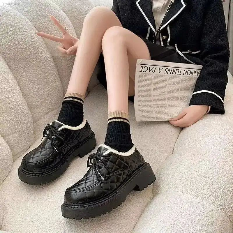 Stylish Lace - Up Furry Cotton Shoes with Thick Lining for Fashionable Women - EstaliosShop
