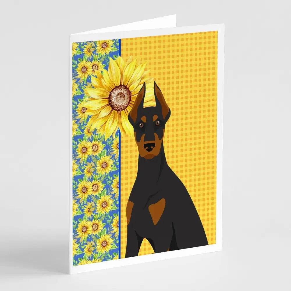 Whimsical Summer Sunflowers Doberman Greeting Cards Pack of 8 - Estalios