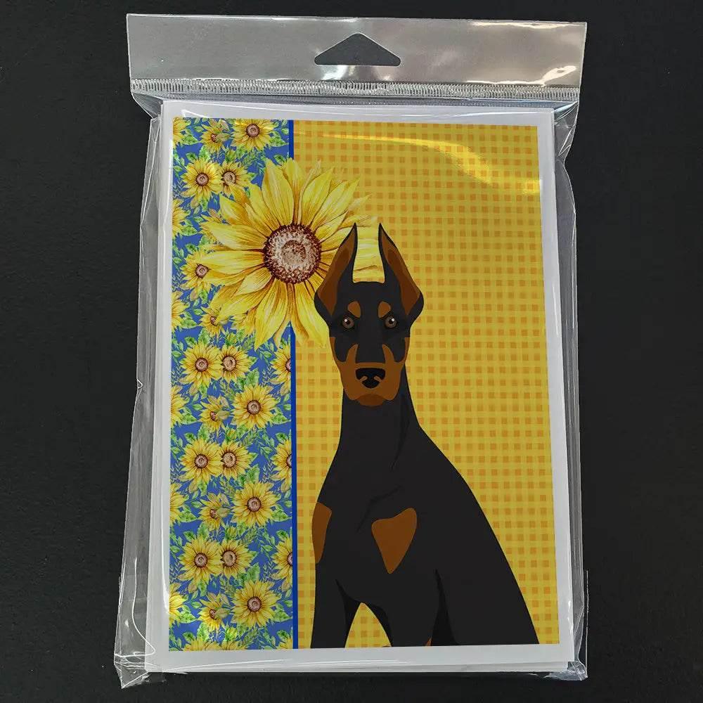 Whimsical Summer Sunflowers Doberman Greeting Cards Pack of 8 - Estalios