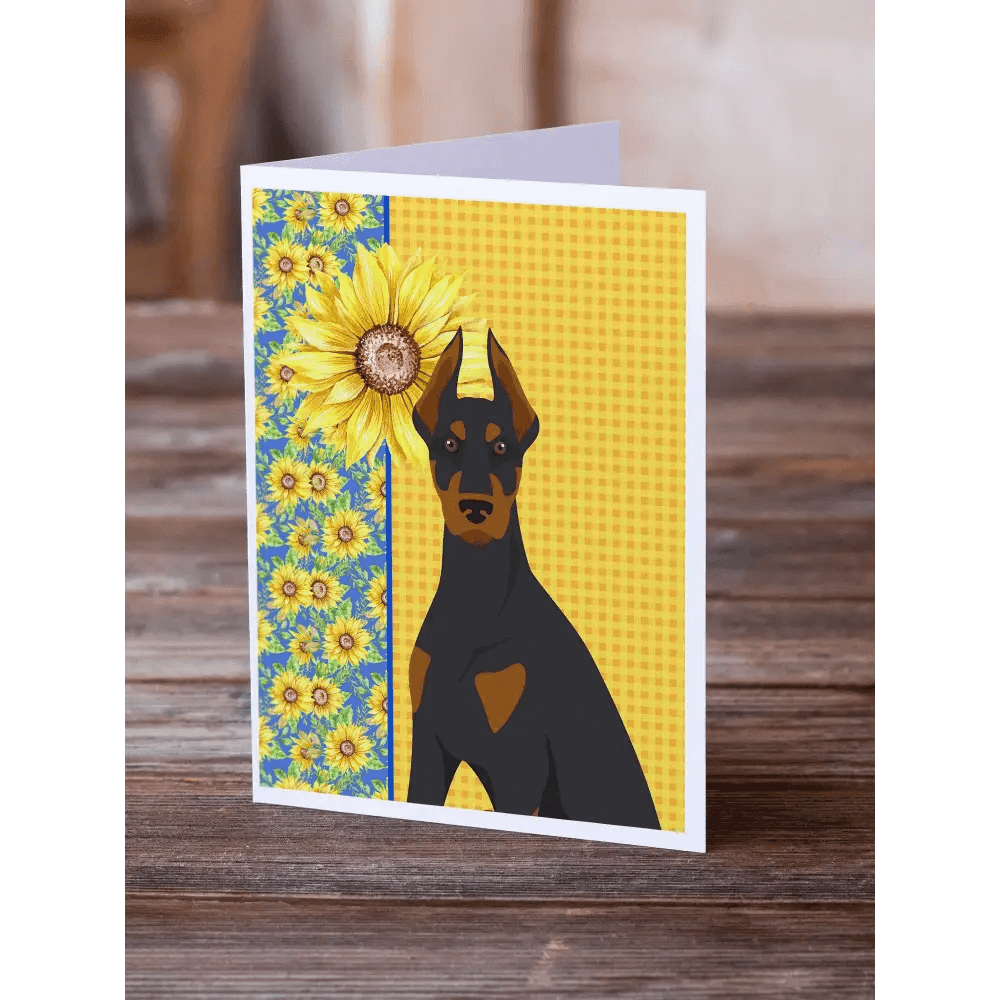 Whimsical Summer Sunflowers Doberman Greeting Cards Pack of 8 - Estalios