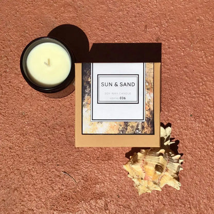 Sun + Sand Beachy Soy Candle with seashell box, perfect for lovers of sand soy wax