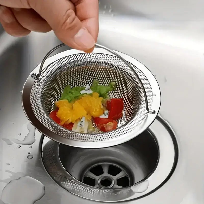 Stainless steel Super Sink Strainer with food scraps, perfect drain hole filter solution