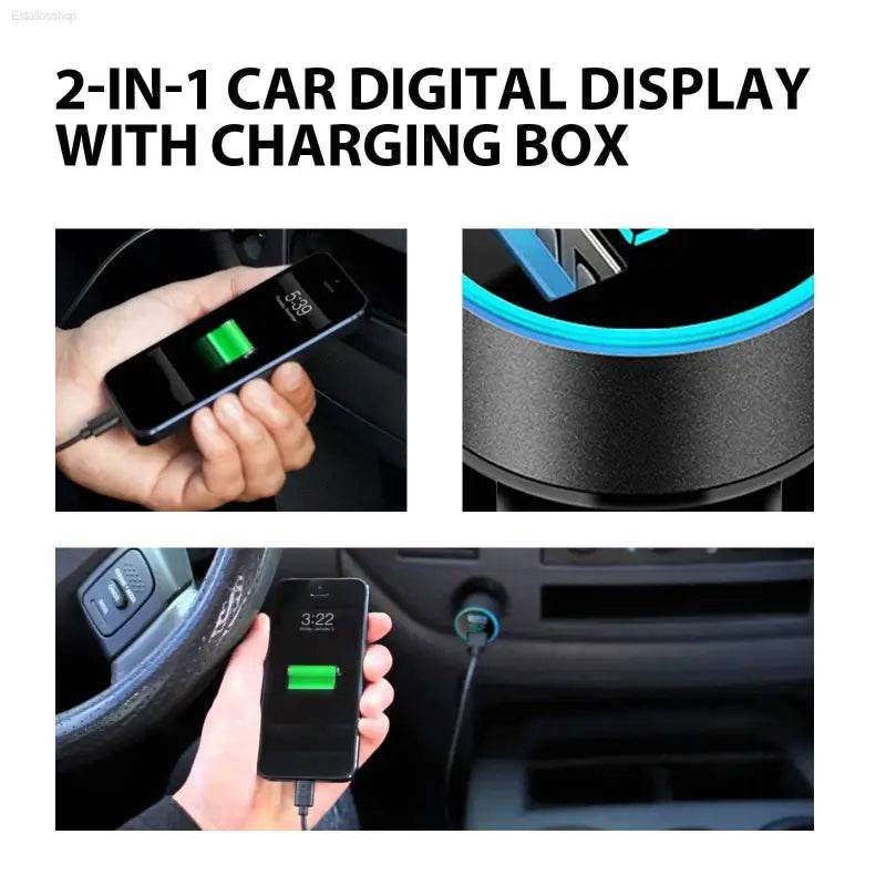 Car digital display with charging box.