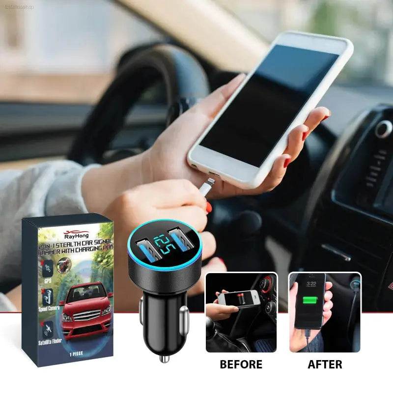 Car charger with dual USB ports and digital display.