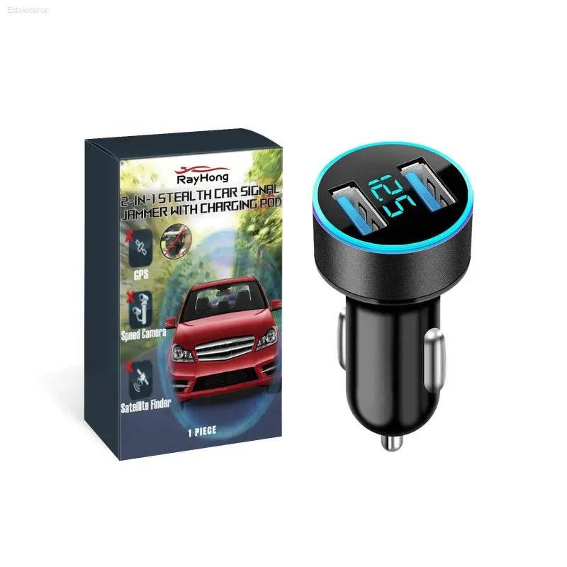 Car charger with dual USB ports and voltage display.