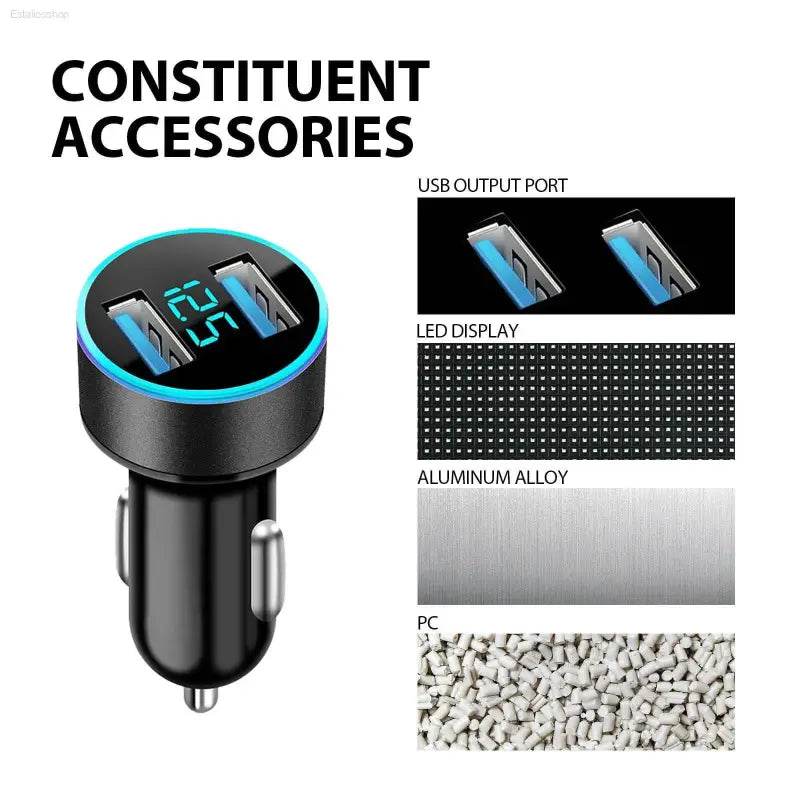 Car charger with LED display and dual USB ports.