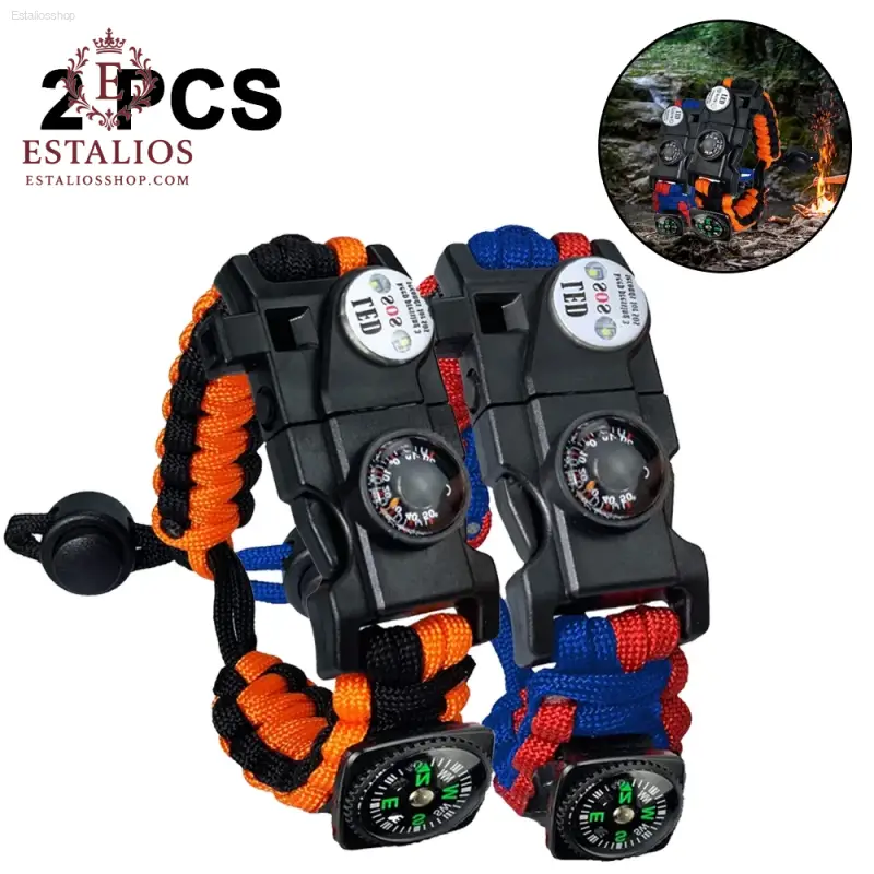 Survival Essentials: Set of 2 Emergency Paracord Bracelets with Flint Fire Starter, Whistle & Compass for Camping & Outdoor Adventures