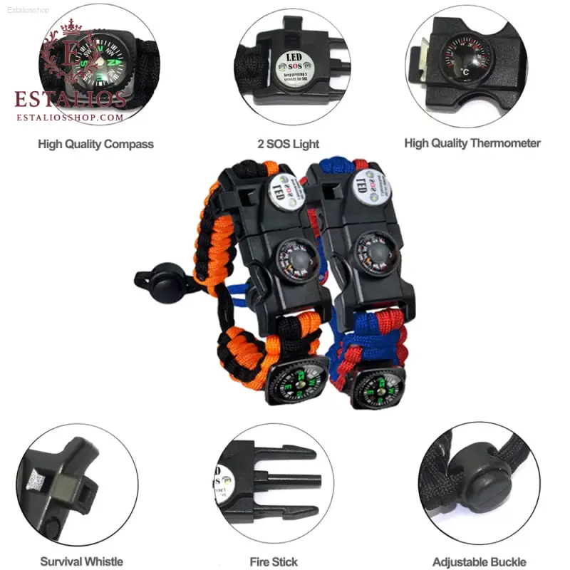 Survival Essentials: Set of 2 Emergency Paracord Bracelets with Flint Fire Starter, Whistle & Compass for Camping & Outdoor Adventures