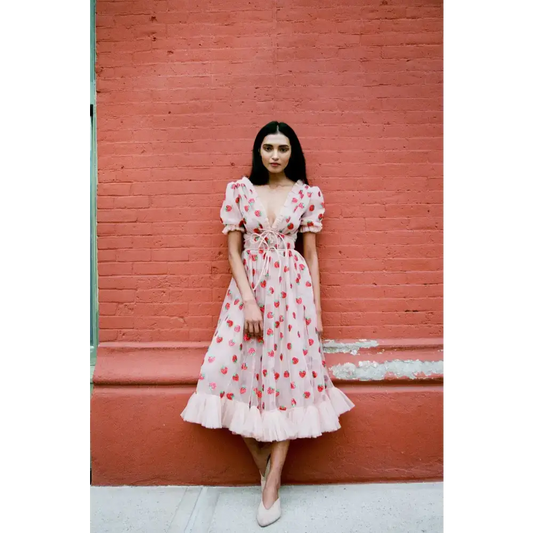 Heart-patterned pink Sweet Cherry Mid Length Dress perfect for any occasion