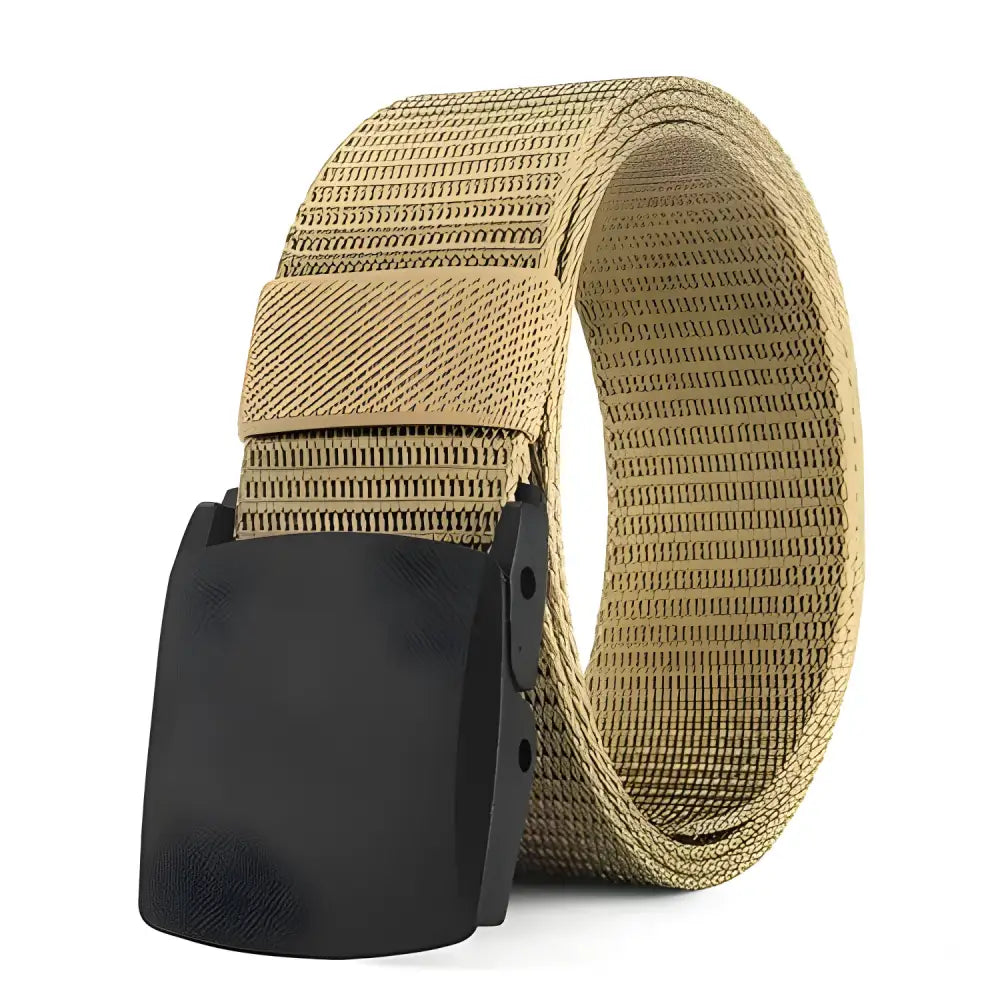 Tan nylon belt with black automatic buckle perfect for outdoor hunting and military use