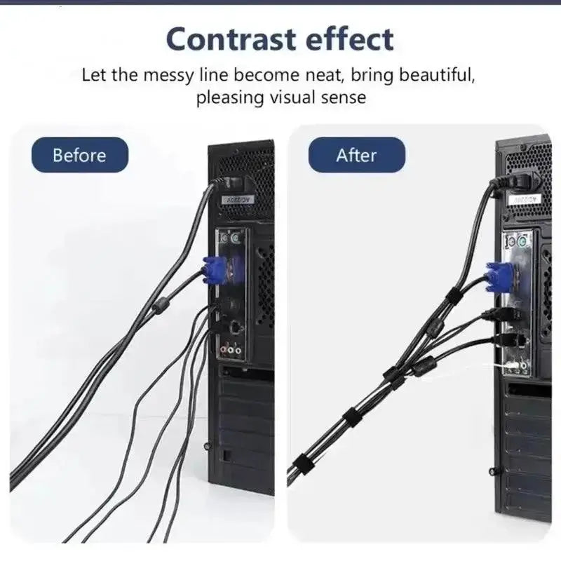 Before-and-after cable management using Winder Tape to organize wires and earphones