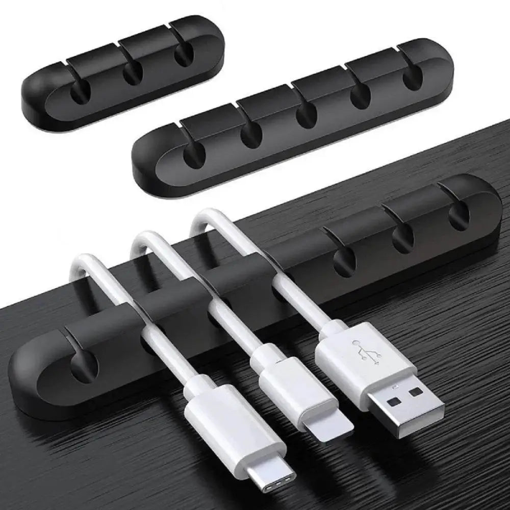 Black adhesive cable organizers from Nnbili Silicone USB Winder for neat desktops