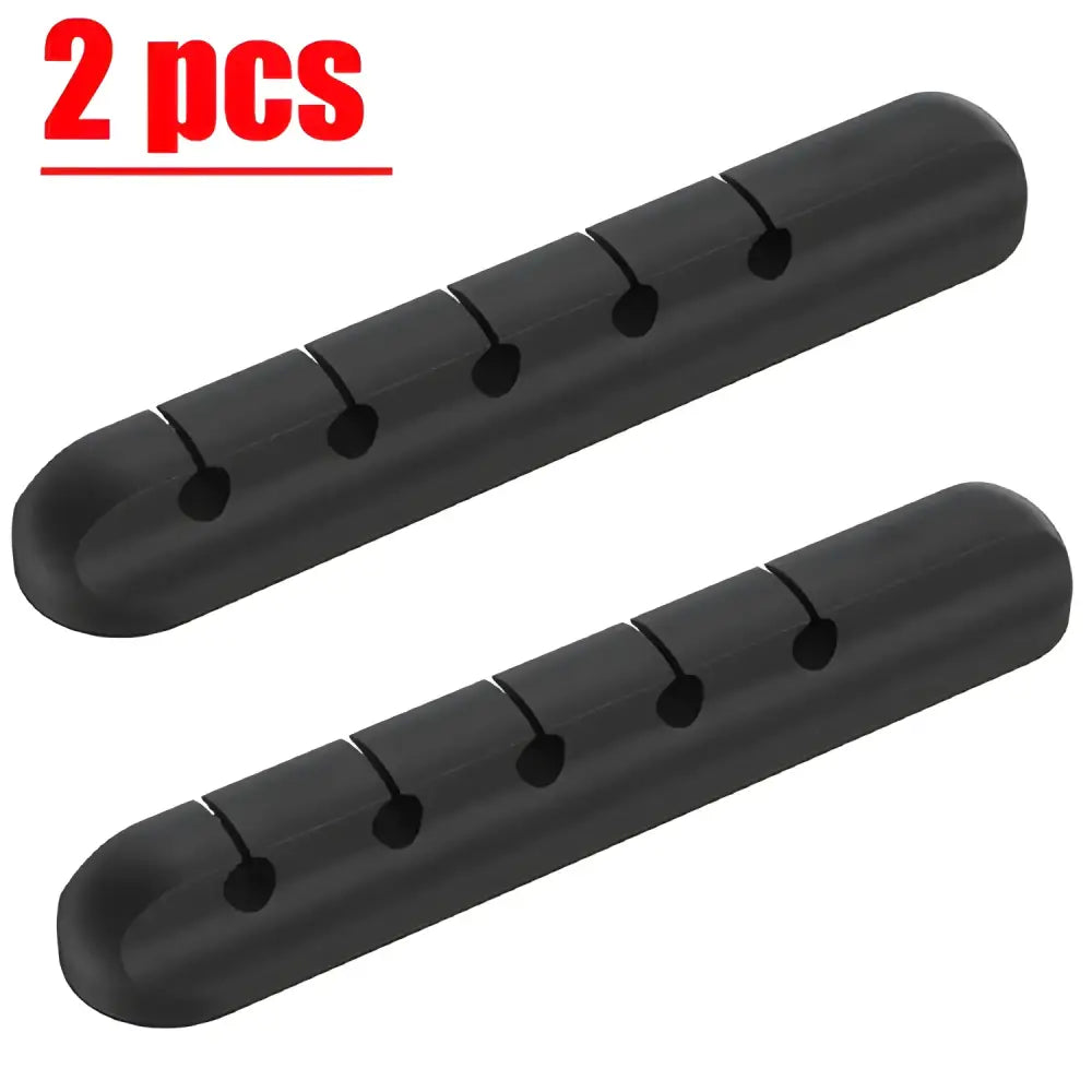 Two black silicone USB cable organizers for your desktop cable winder needs