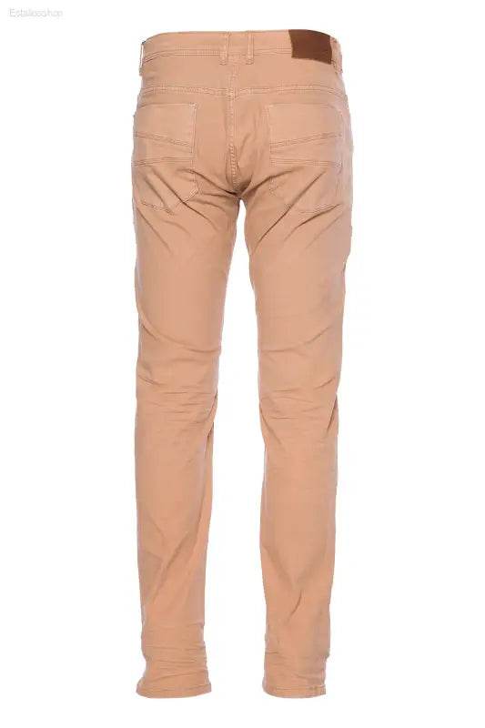 Tan-colored slim-fit trousers.