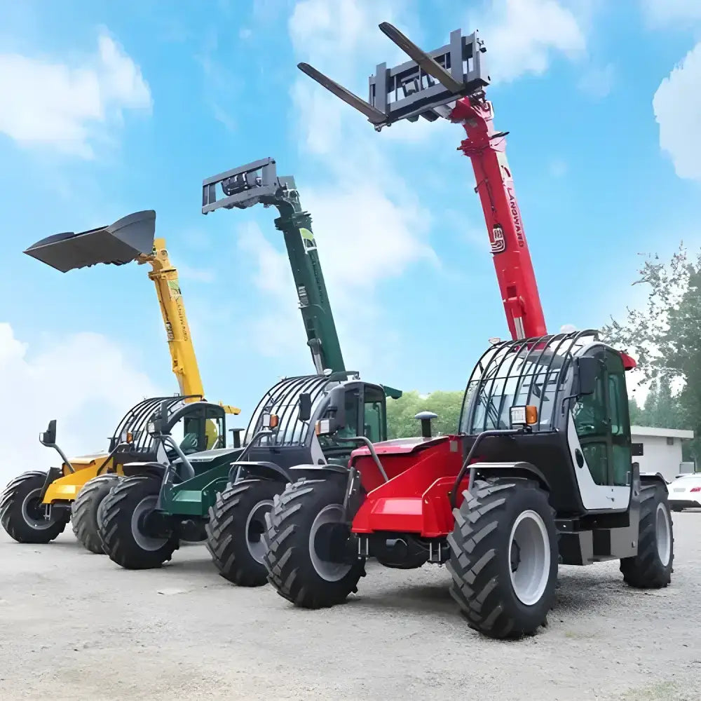 Three colorful telescopic forklift loaders showcasing customized wheel handling features