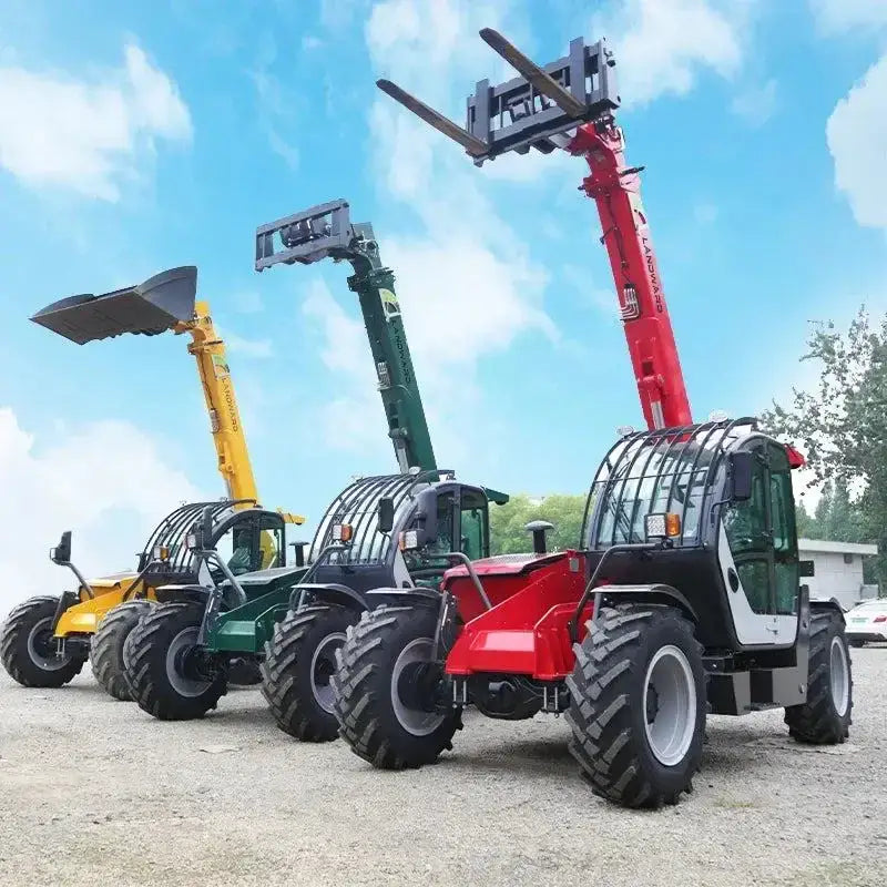 Three colorful telescopic forklift loaders for customized wheel handling in action