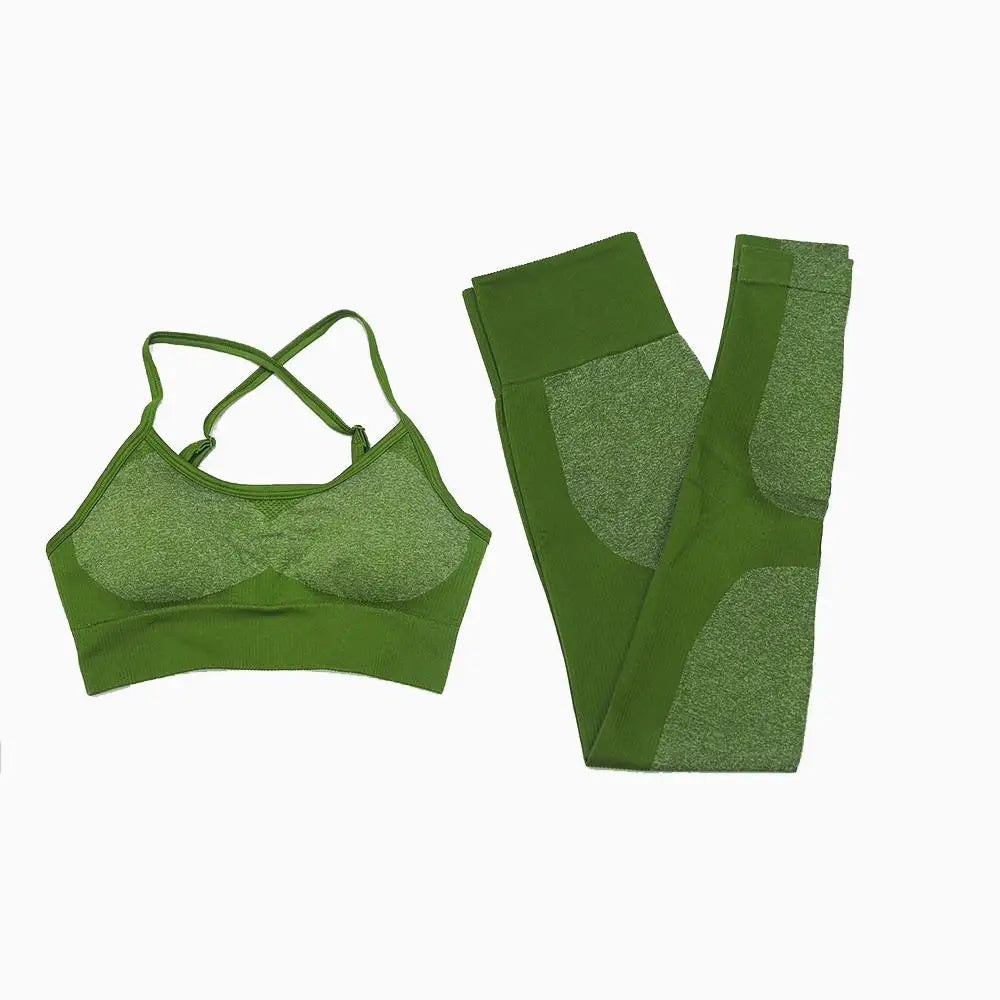 Green sports bra and Textured High Waist Athletic Seamless Yoga Leggings set for workouts