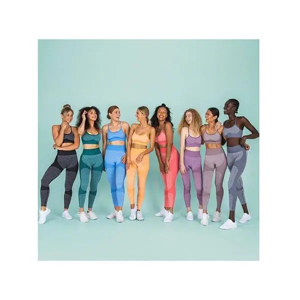 Diverse women in colorful high waist athletic seamless yoga leggings for stylish workouts