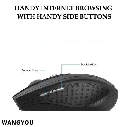 Slick black wireless computer mouse with handy side buttons for easy navigation