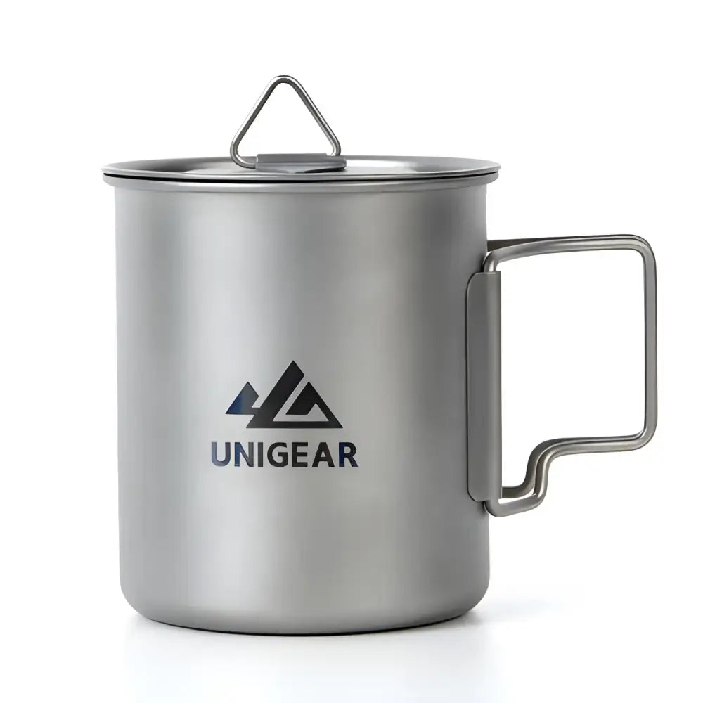 Silver Titanium Camping Cup 450ml with lid and folding handle, high temperature resistant