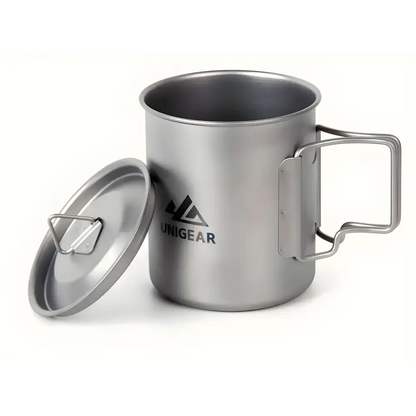 Titanium camping cup 450ml with lid and folding handle, high temperature resistant