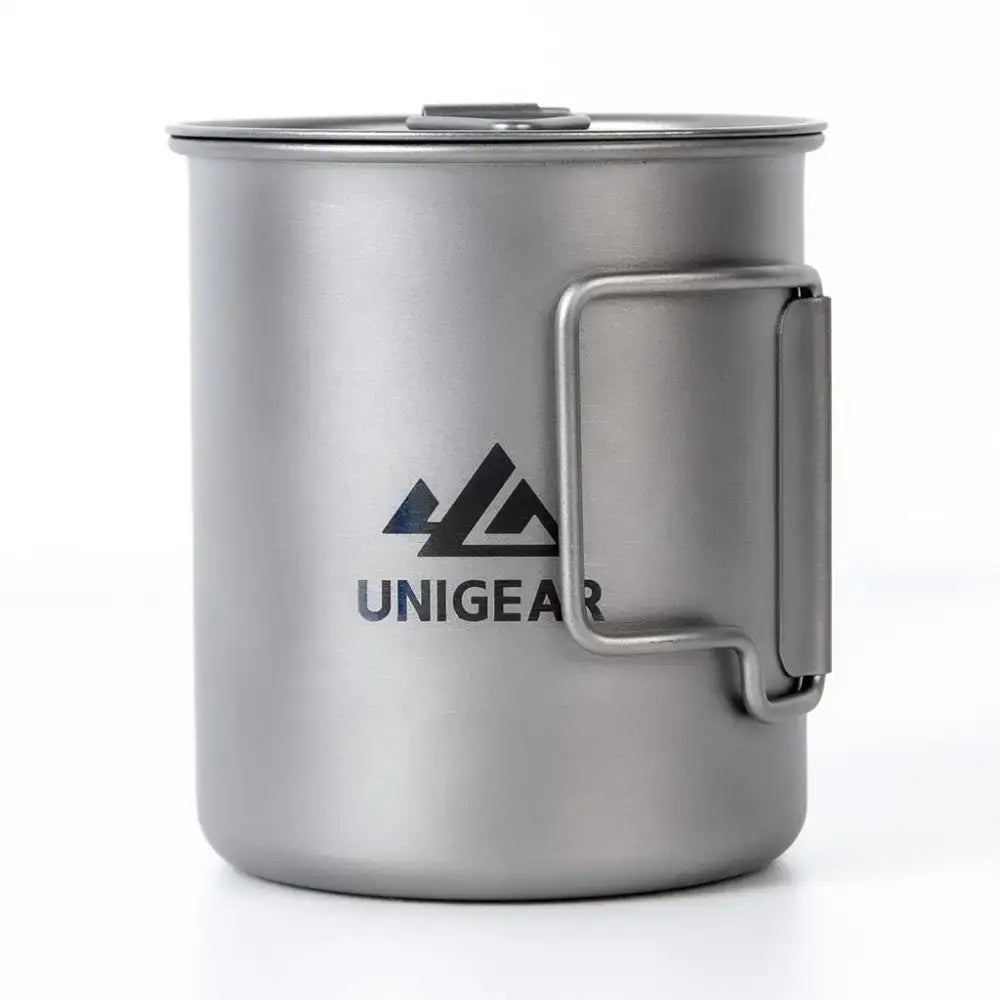 Titanium camping cup 450ml with a folding handle, perfect for high temperature resistant use