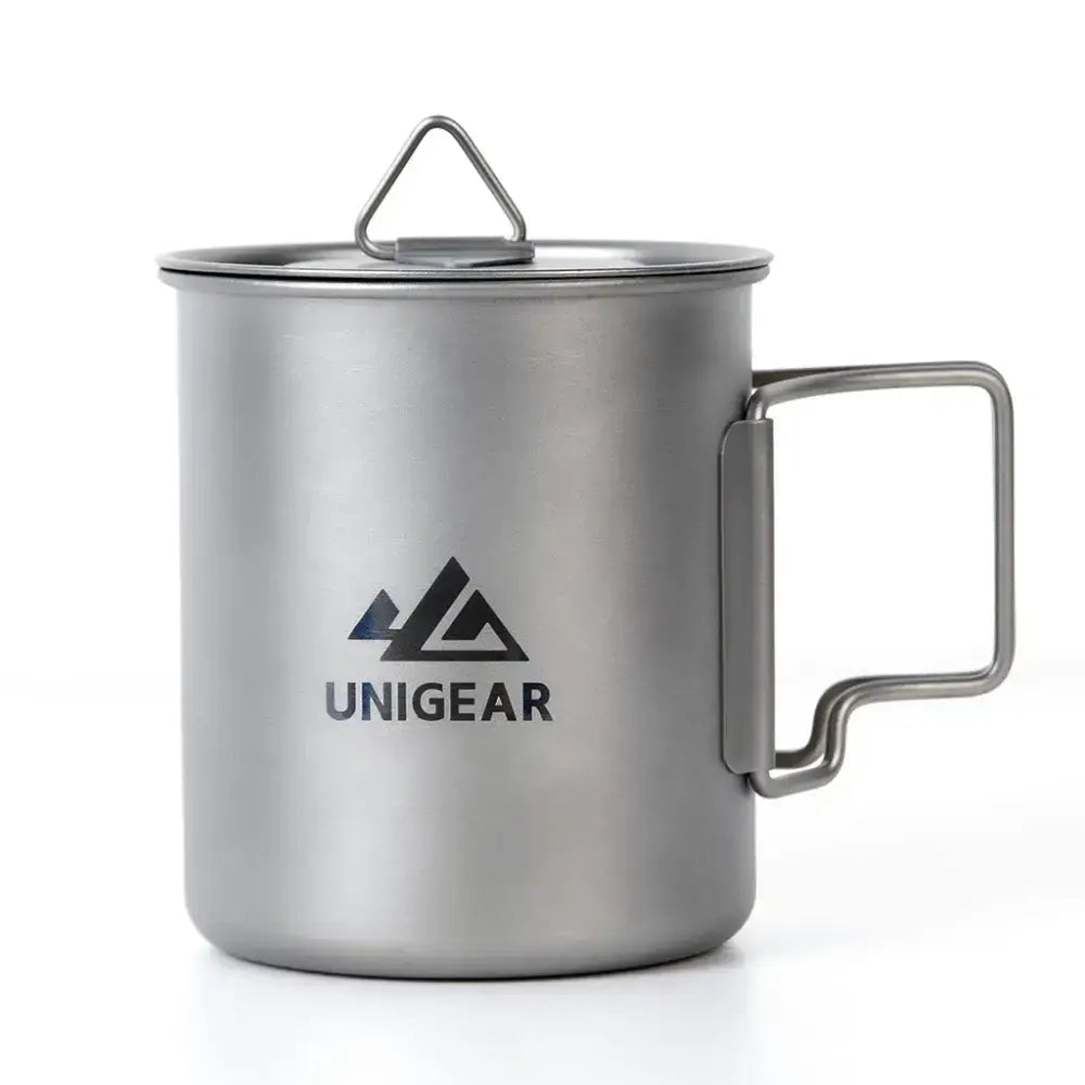 Gray Titanium Camping Cup 450ml with lid and folding handle, high temperature resistant