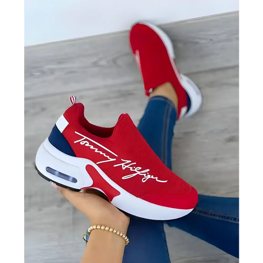 Red Tommy Hilfiger slip-on sneaker perfect for casual breathable wedges ladies