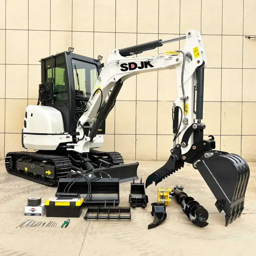 White and black Ton Mini Excavator with attachments for maximum digging distance on farms