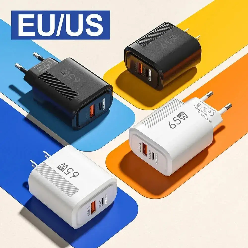 Four 65W GaN USB chargers showcasing Total 65W GaN USB Power for fast charging