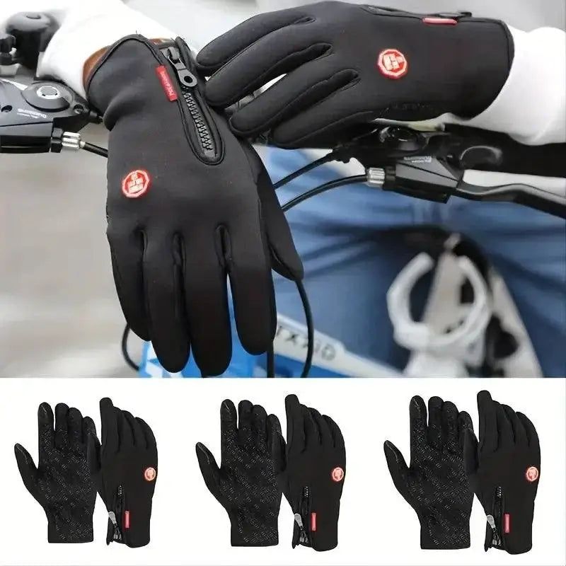 Black winter cycling gloves for men with zippers, touch screen and waterproof features