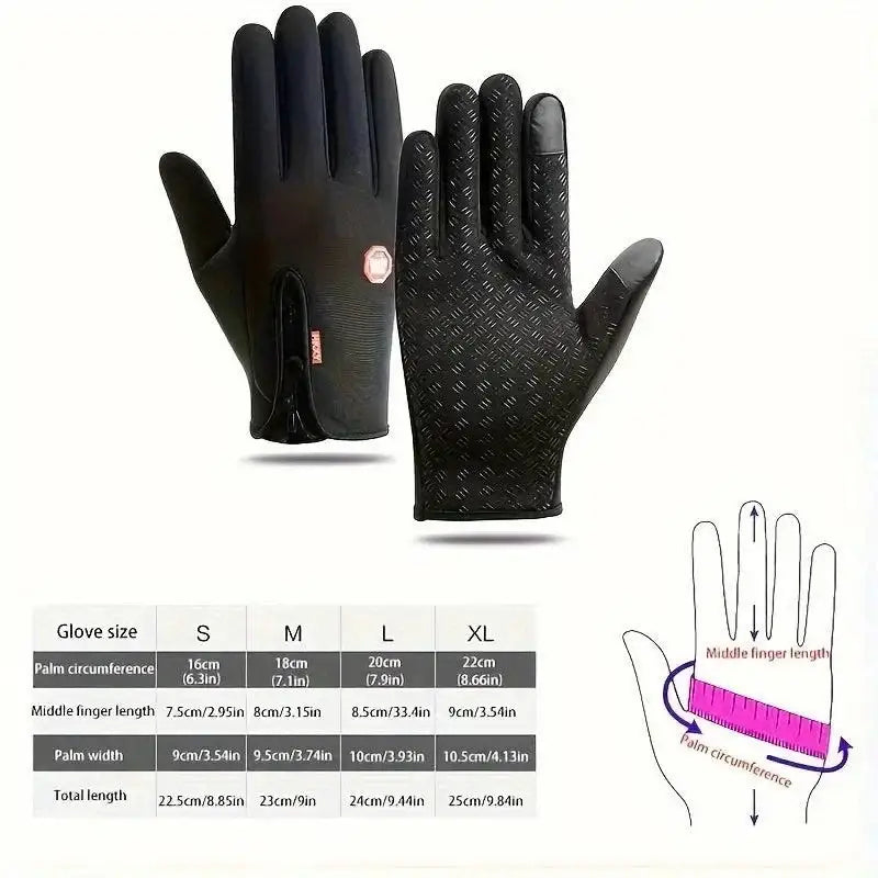 Black Touch Screen Winter Cycling Gloves for Men with size chart for perfect fit