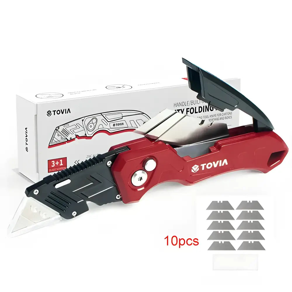 Red and black Tovia Folding Utility Knife with 3-position blades and replacement blades