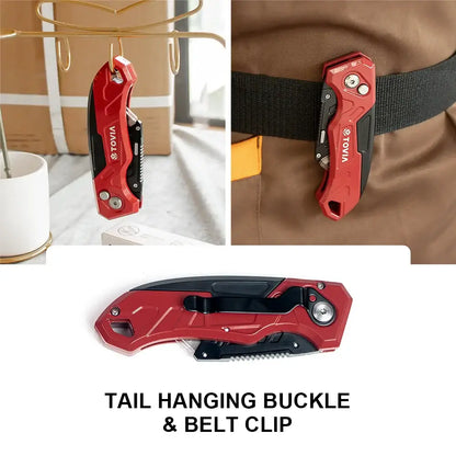 Red and black Tovia Folding Utility Knife with 3-position blades for versatile cutting