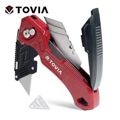 Red Tovia Folding Utility Knife with 3-position blades and handy blade storage