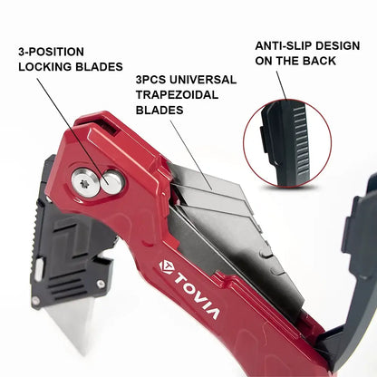 Red Tovia Folding Utility Knife featuring 3-position blades for versatile cutting