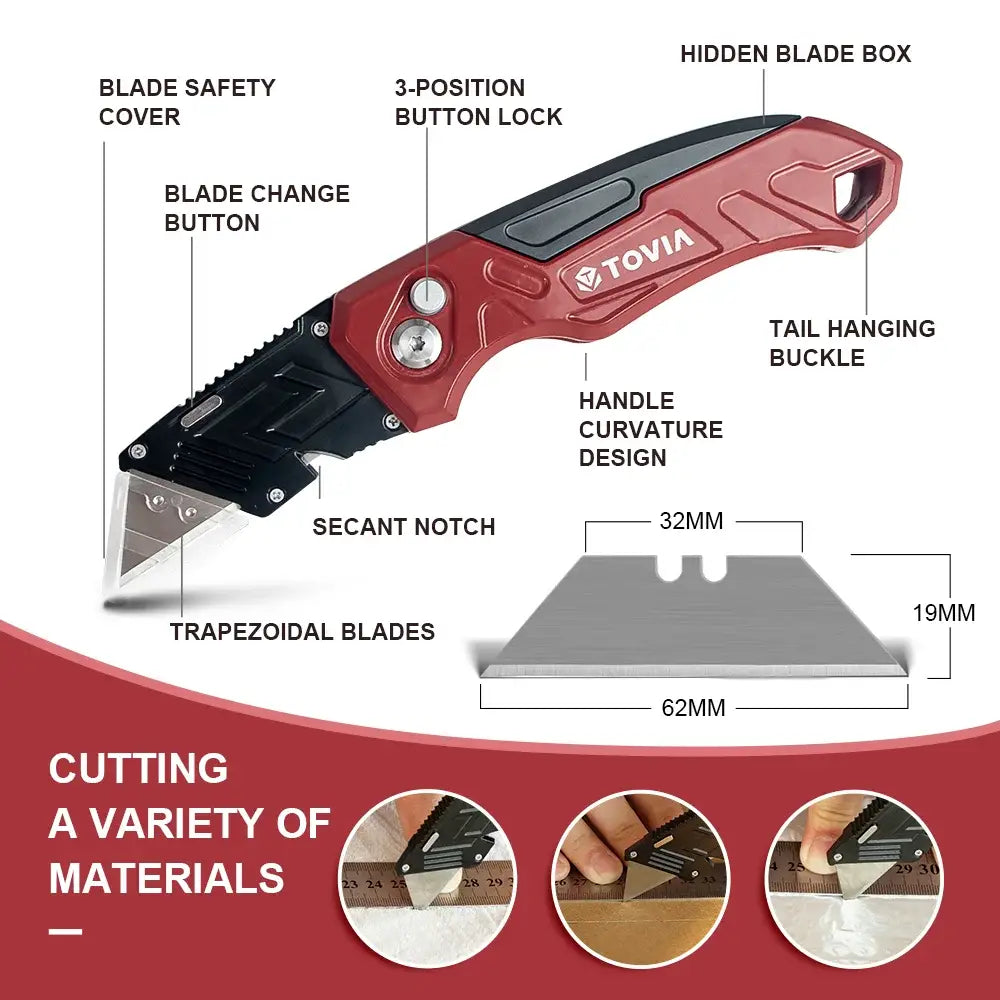 Red and black Tovia Folding Utility Knife showcasing labeled features and 3-position blades