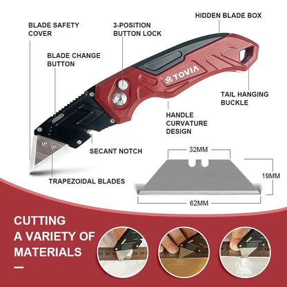 Red and black Tovia Folding Utility Knife showcasing labeled features and 3-position blades