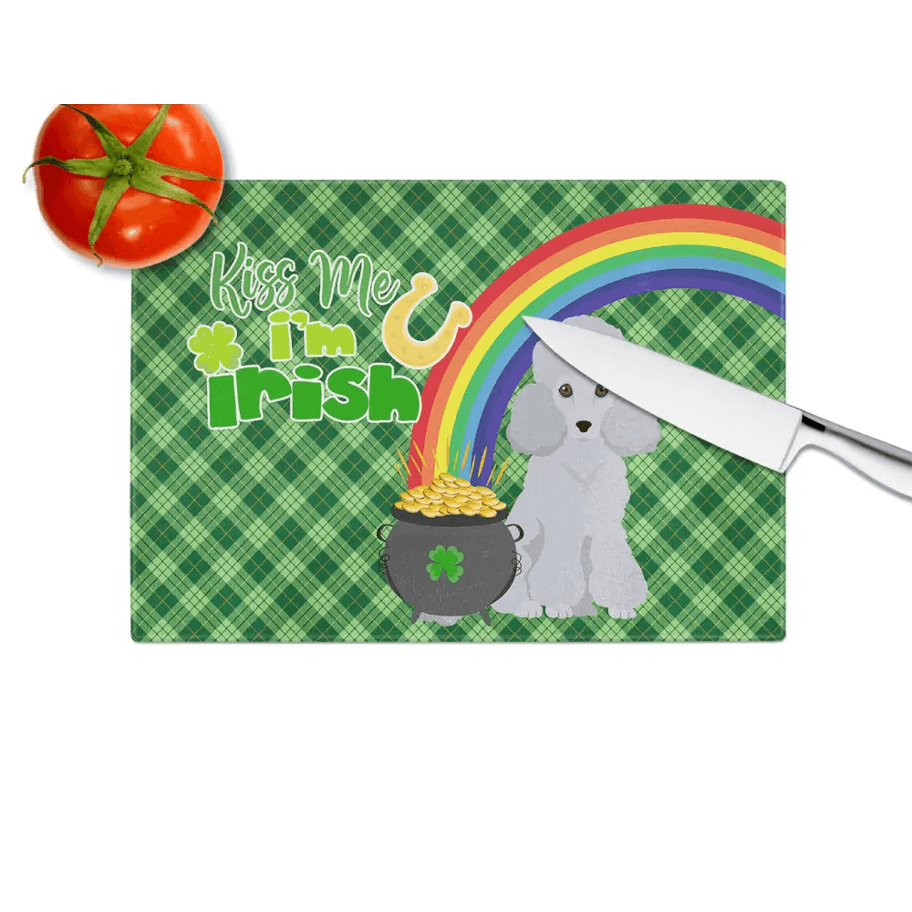 St. Patrick's Day Toy Silver Poodle Glass Cutting Board - Estalios