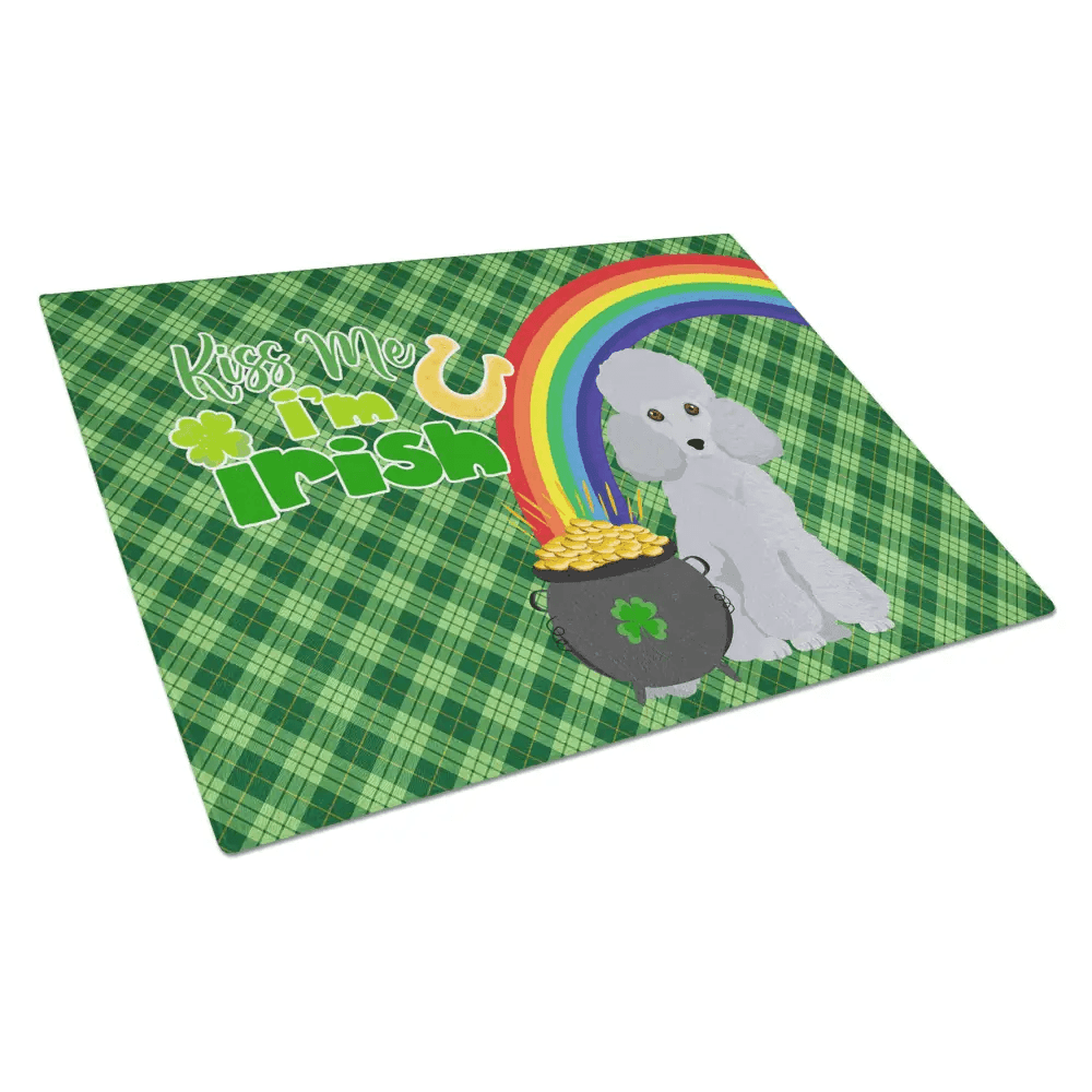 St. Patrick's Day Toy Silver Poodle Glass Cutting Board - Estalios