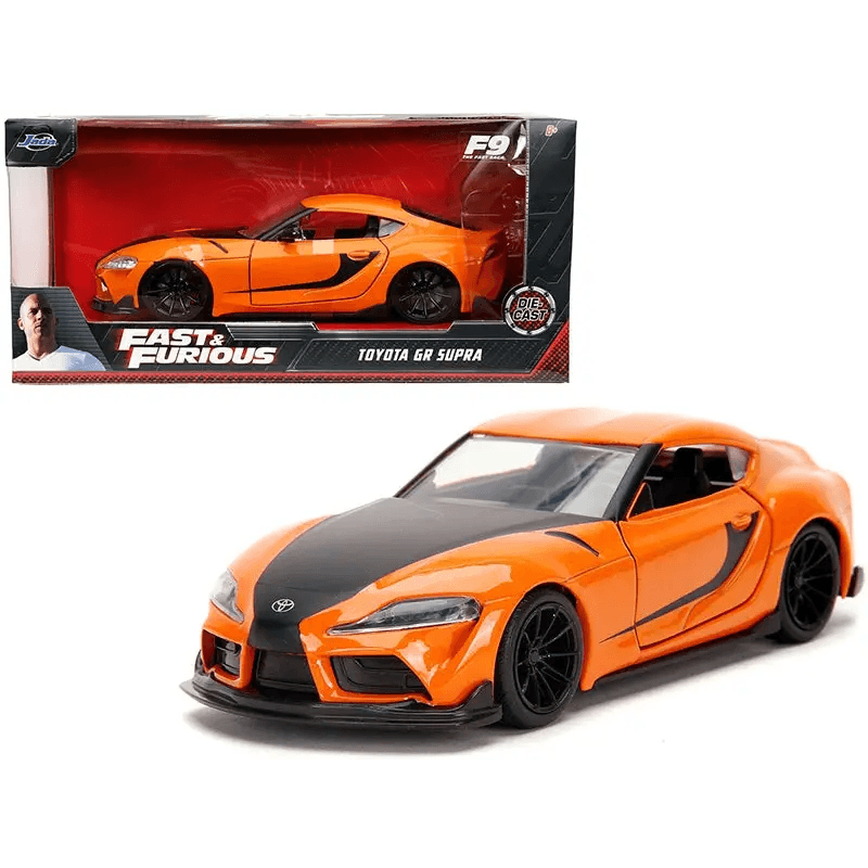 Supra Orange Fury: Black Stripes Fast Toyota Gr Supra! Unleash your Inner Speed Demon with this Awesome Orange and Black Toyota Gr Supra Toy Car - Estalios