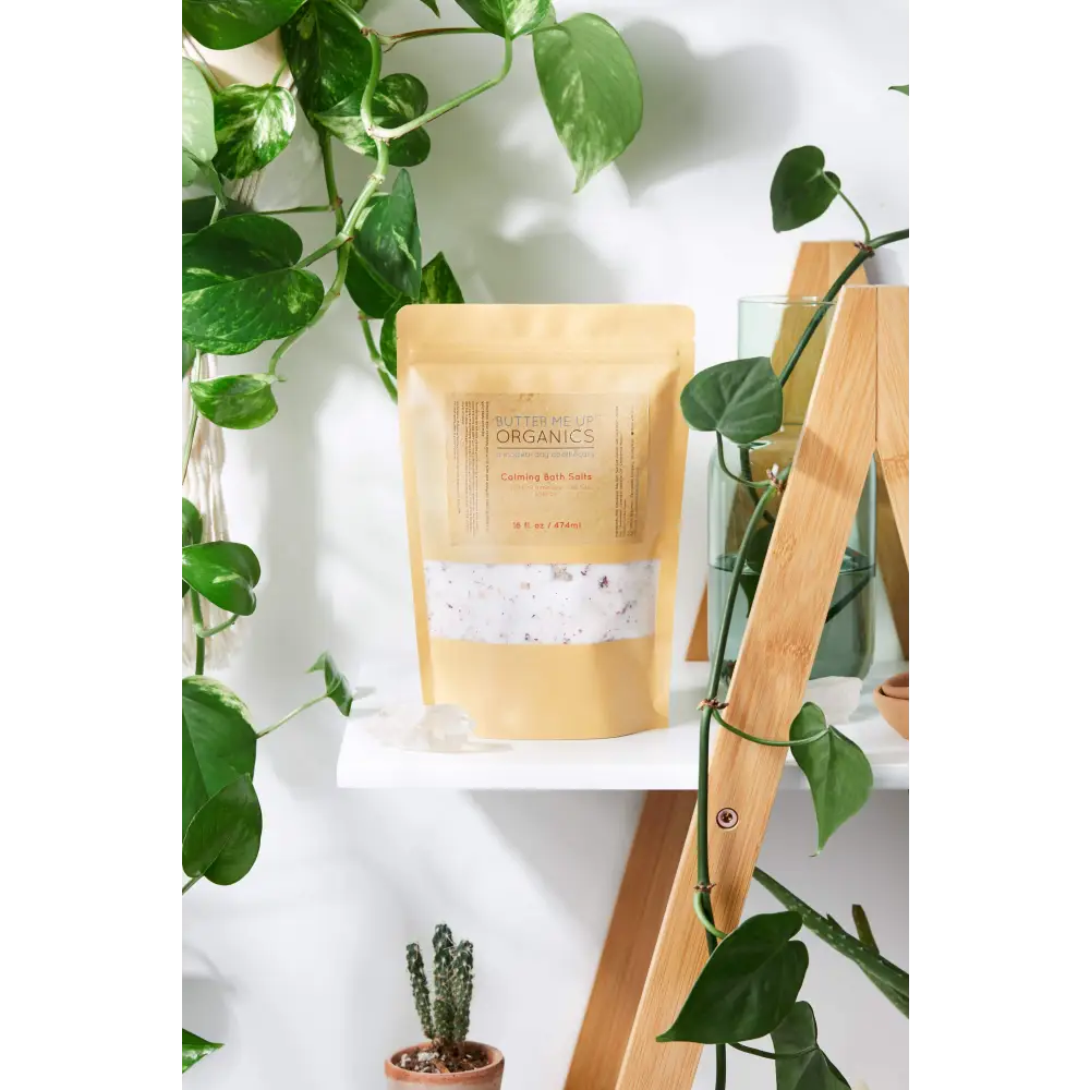 Tranquil Soak Calming Bath Salts bag filled with soothing Epsom and sea salt