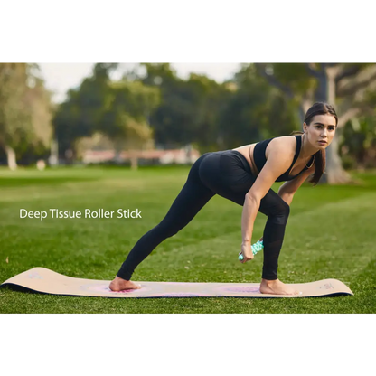 Woman using a deep tissue roller stick from the Travel Muscle Massage Bundle