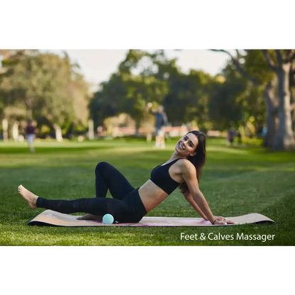 Woman using a massage ball from the Travel Muscle Massage Bundle for relaxation