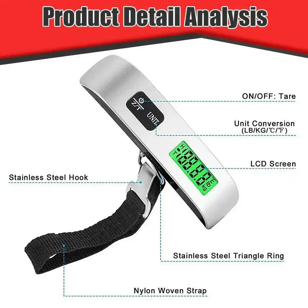 Digital luggage scale with strap for easy weighing, featuring 50kg portable scale and LCD display