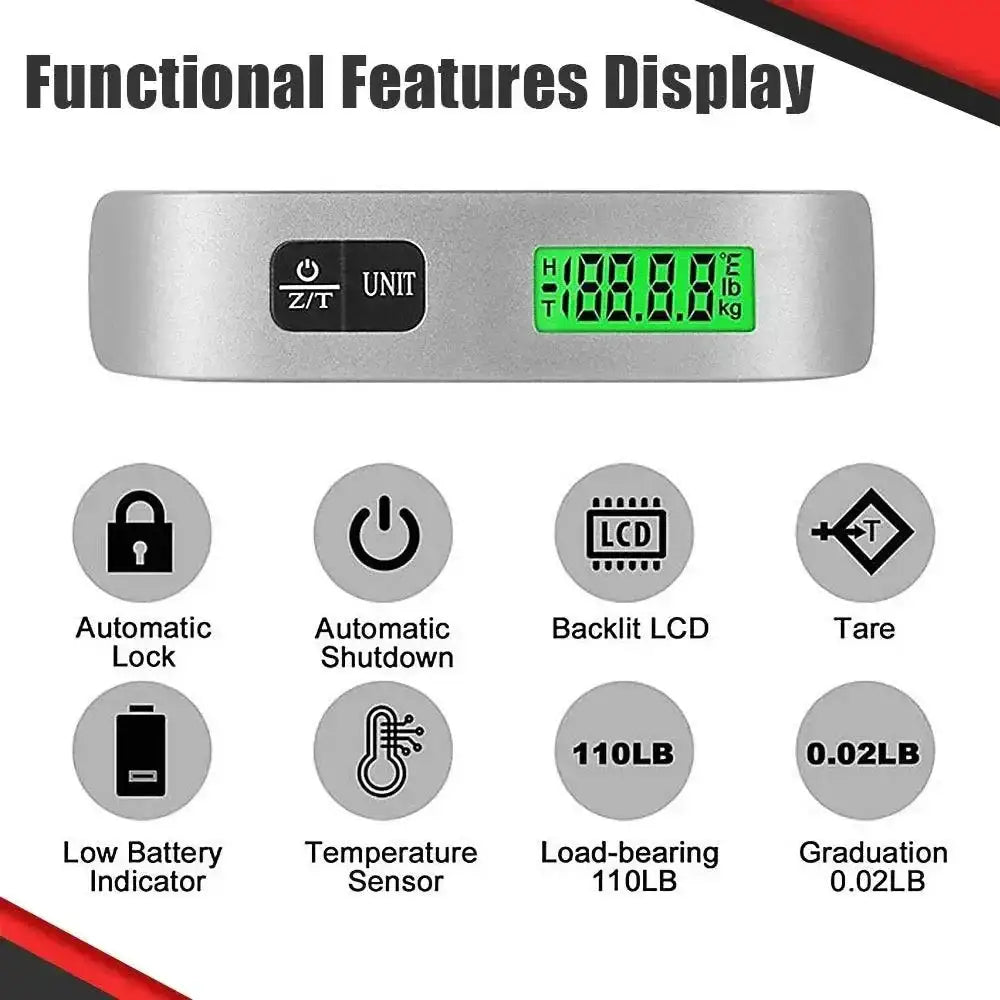 Digital luggage scale with LCD display, 50kg portable scale and overload indicator features