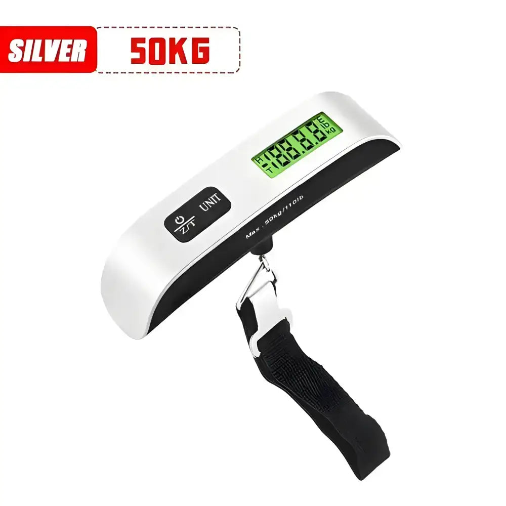 Silver digital luggage scale from Travel Smart with a 50kg portable scale and LCD display