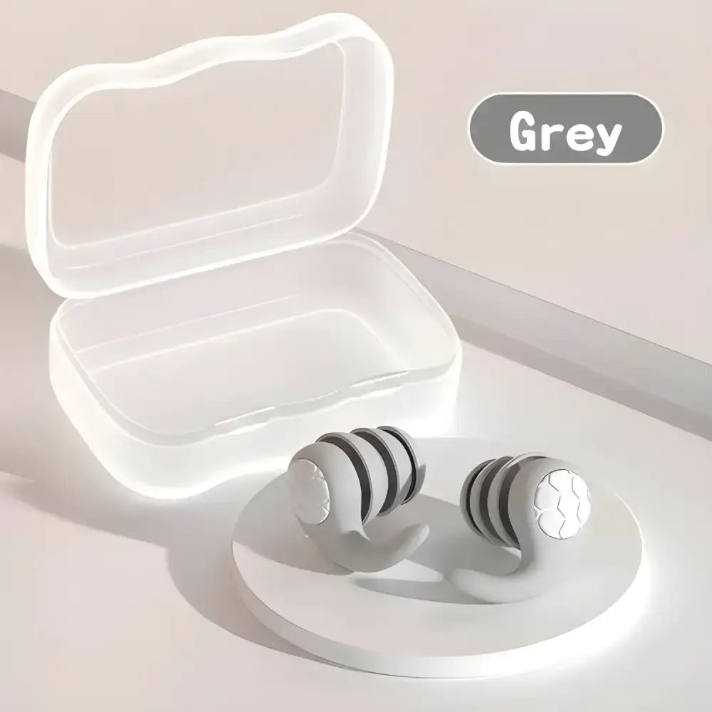 Grey soft silicone earplugs with a storage case for triple-layer sound isolation