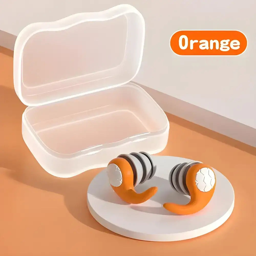 Orange soft silicone earplugs in a case for triple-layer sound isolation and noise-canceling